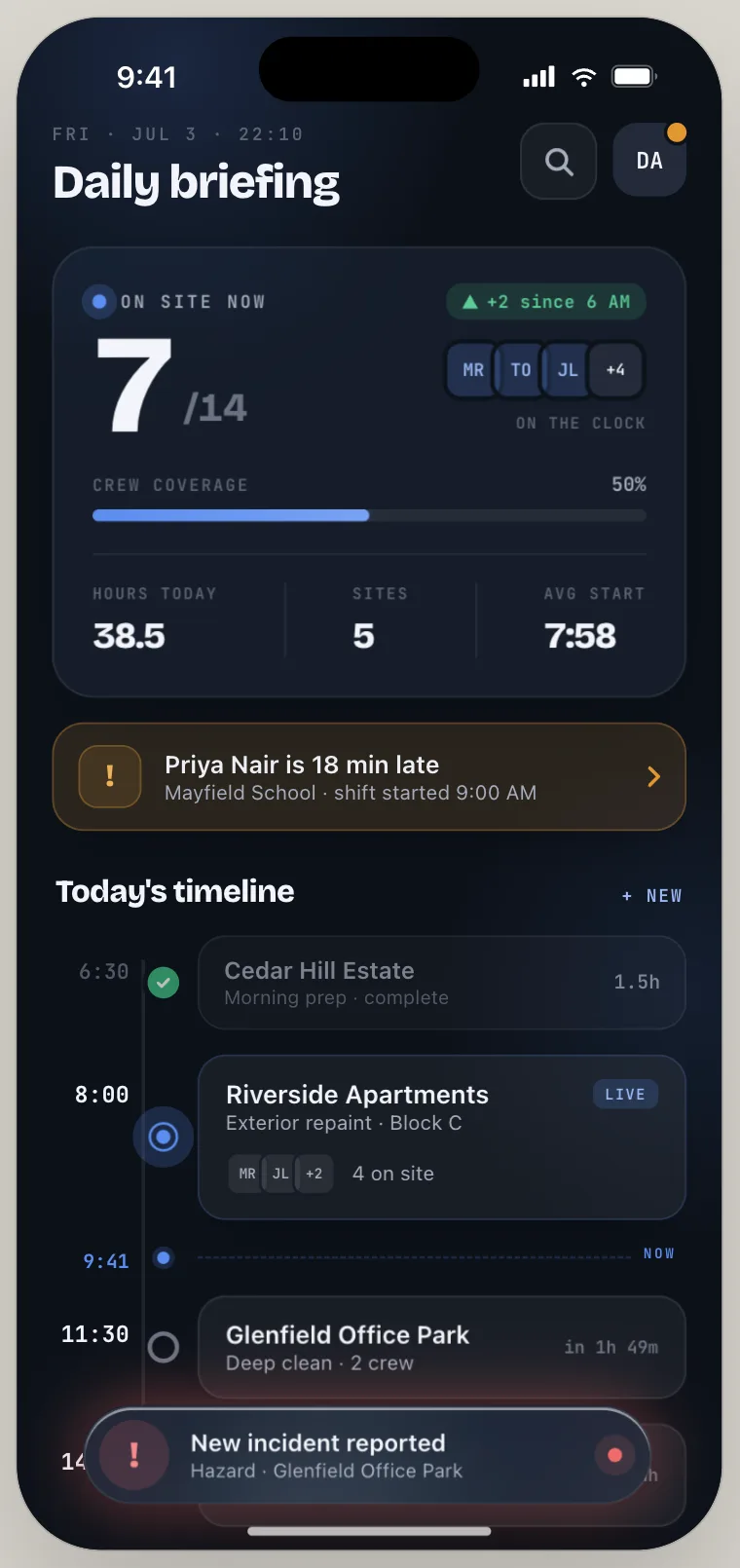 Orbit Base daily briefing — on-site count, crew coverage, hours and a timeline