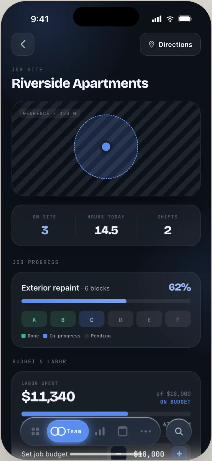 Orbit Base site detail — geofence, job progress by block and labour vs budget