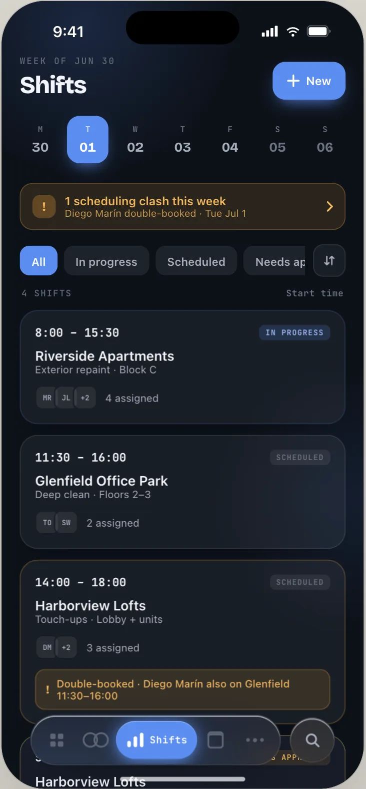 Orbit Base scheduling — weekly shifts flagging a double-booking clash