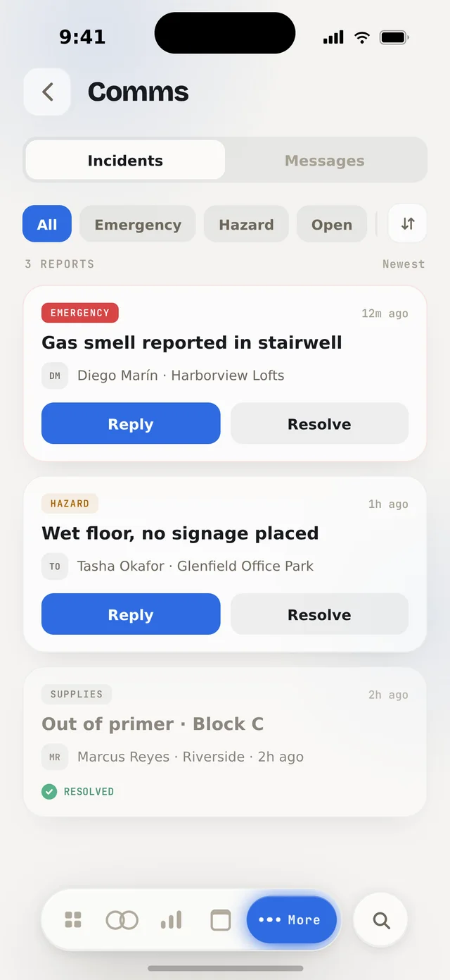 Orbit Base comms — incidents triaged by severity with reply and resolve actions
