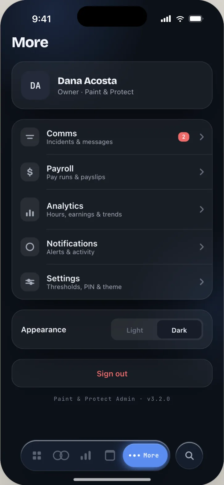 Orbit Base more — payroll, analytics, notifications and settings