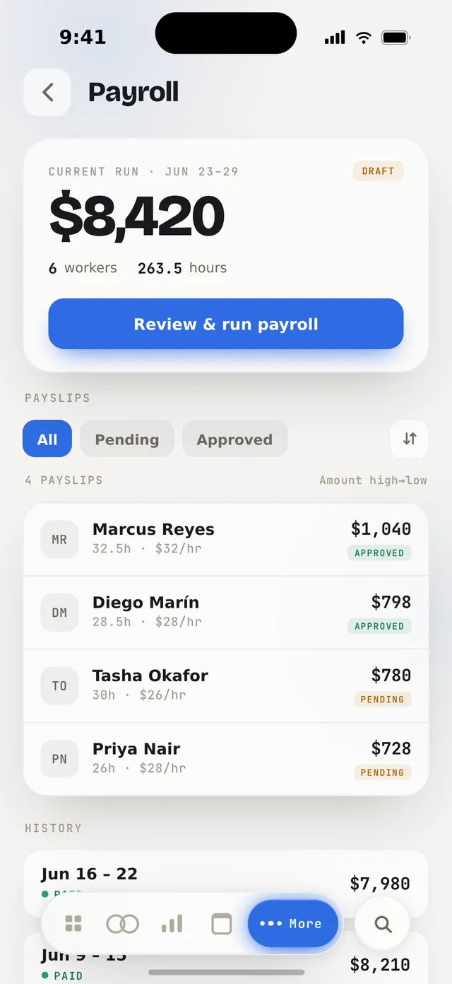 Orbit Base payroll — a pay run and payslip list ready to review