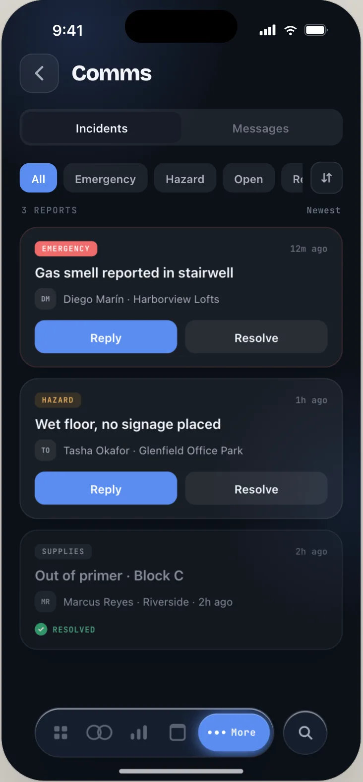 Orbit Base incidents feed triaged by severity — emergency, hazard, supplies