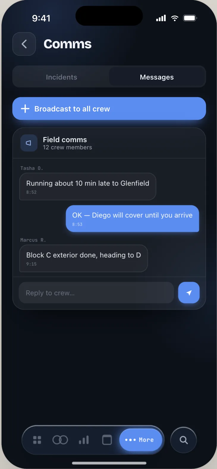 Orbit Base comms — broadcast to all crew and a field-comms group thread