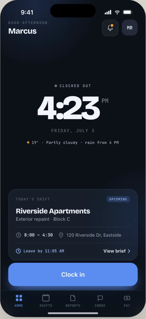 Orbit Team home — clock in, today's shift and weather
