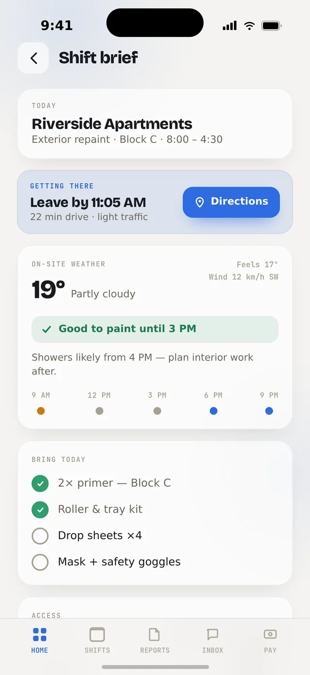 Orbit Team shift brief — leave-by time, directions, weather window and what to bring