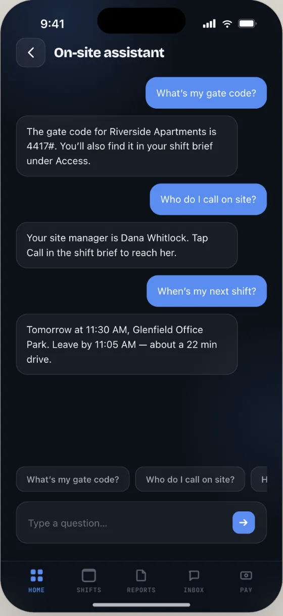 Orbit Team on-site assistant — an AI answering gate code, who to call and next shift
