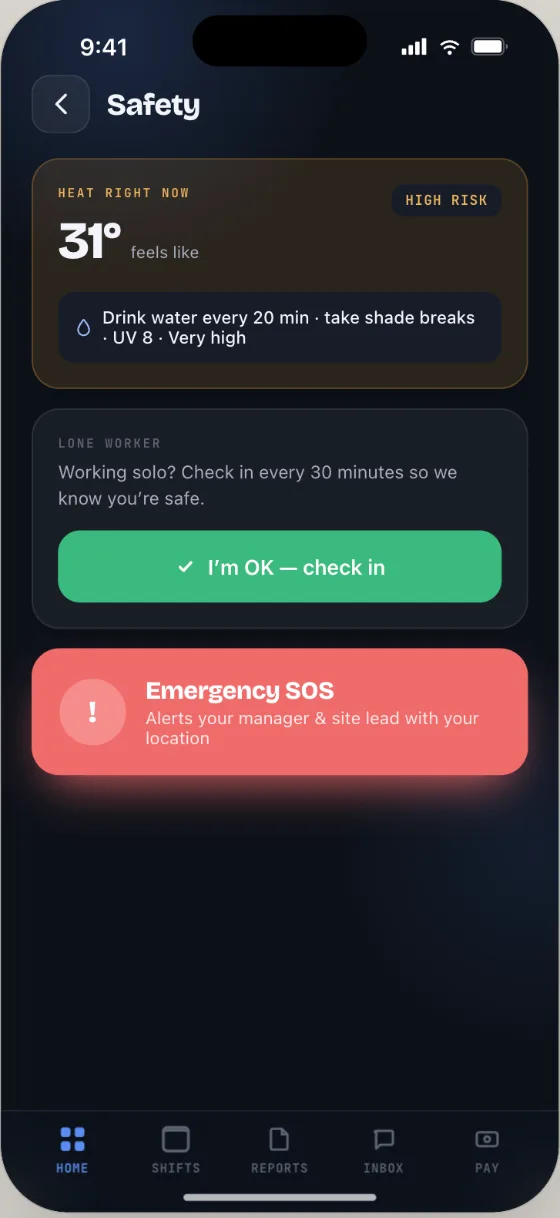 Orbit Team safety — heat risk, lone-worker check-in and emergency SOS